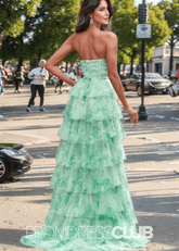 Janet | A Line Strapless Green Floral Long Formal Dress with Ruffles - Price #price_variant_lowest# - Green Floral - PromDressClub